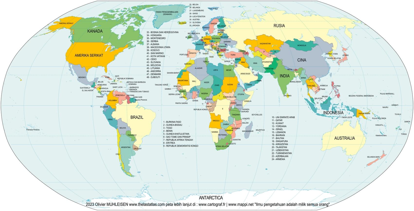 Weltkarte Ländern Indonesisch